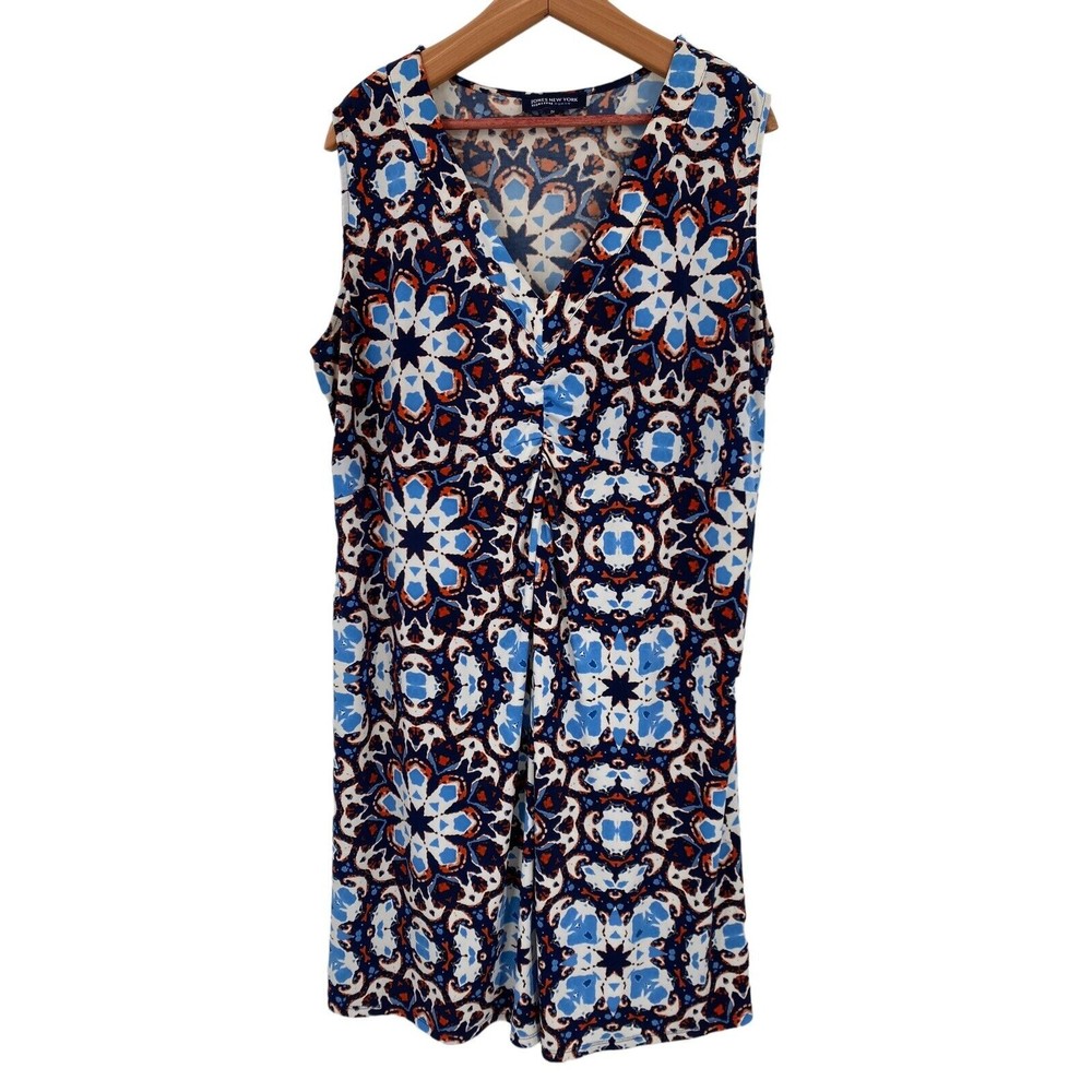 Jones New York Dress 2X Blue Multi Floral Knee Length Slinky Sleeveless V-Neck